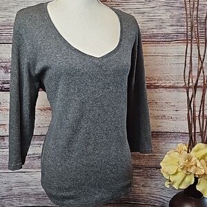 KAREN SCOTT PLUS SIZE GRAY 3/4 SLEEVE V NECK PULLOVER TOP